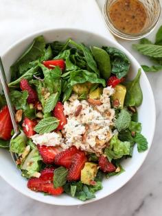 Strawberry Avocado Spinach Salad with Tuna, Capers, Smoked Almonds and Dijon Dressing