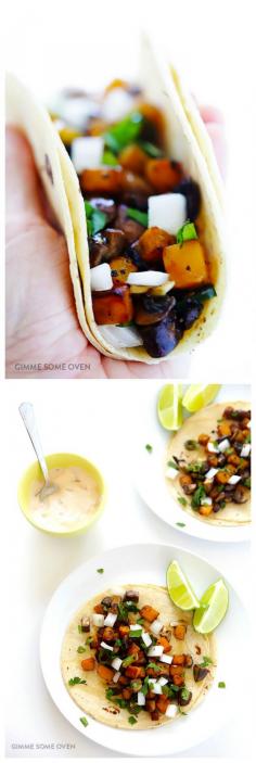 
                    
                        Butternut Squash and Mushroom Tacos -- easy to make, naturally gluten-free and vegetarian, and FULL of great flavor! | gimmesomeoven.com
                    
                