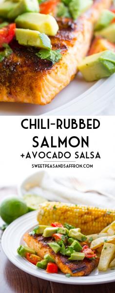 
                    
                        20-minute Chili-Rubbed Salmon with Avocado Salsa | sweetpeasandsaffr... @necie83
                    
                