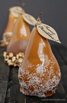 Caramel dipped pears. #food #recipe fab supper or dinner party show stopper dessert with a nice salted caramel or vanilla and clotted cream ice cream on the side...poach pears in perry and ginger and vanilla first , drain and dry well