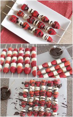 
                    
                        These make a perfect light and healthy dessert for  Valentine's Day spring and summer!  Chocolate covered strawberry and banana skewers,
                    
                