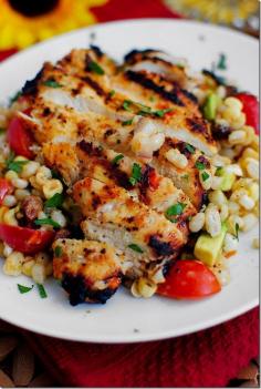 
                    
                        Grilled marinated chicken with corn salad.
                    
                