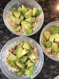 
                    
                        Tuna, Mayo, seasoning, onion, celery, avacado. 3 containers ~ 50 grams of protein and less than 225 calories each.
                    
                