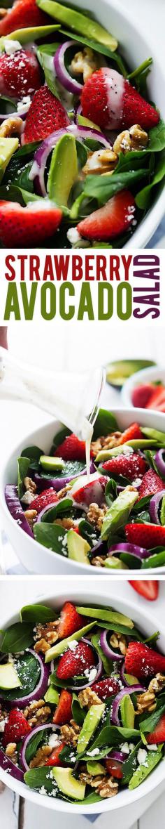 
                    
                        Strawberries, avocados, red onions, walnuts, and feta cheese all tossed with fresh baby spinach and creamy poppyseed dressing. | Creme de la Crumb
                    
                