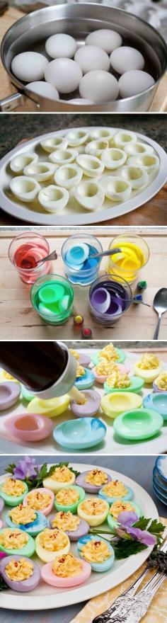 Easter deviled Eggs Color eggs like you would easter eggs 1tsp cider vinegar and food coloring.