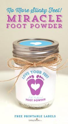 
                    
                        Homemade Miracle Foot Powder made with Essential Oils. No More Stinky Feet! Enjoy cute free printable labels for gifts. LivingLocurto.com
                    
                