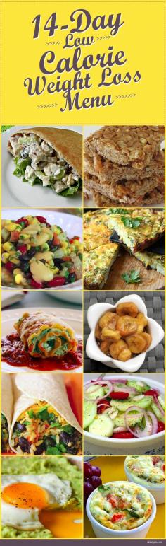Enjoy a 14 Day Low Calorie Weight Loss Menu!  Don't skip on delicious :) These recipes make for GREAT family meals too!  #delicious #mealplanning #weightloss #recipes