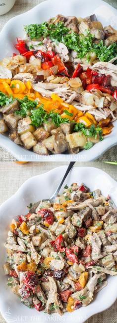 
                    
                        Harvest Chicken Salad - Colorful mosaic of colors on a plate, each bursting with flavor and nutrition. By LetTheBakingBegin... #vegetables #bell pepper #eggplant #chicken #salad #fall recipes #step-by-step pictures and instructions
                    
                