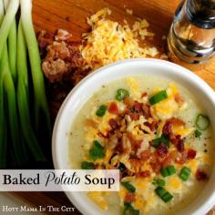 Baked Potato Soup recipe. Include slow cooker instructions. Easy and so delicious..