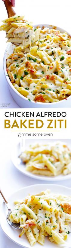 
                    
                        Chicken Alfredo Baked Ziti -- simple to make, made with a lighter alfredo sauce, and SO comforting and delicious | gimmesomeoven.com
                    
                