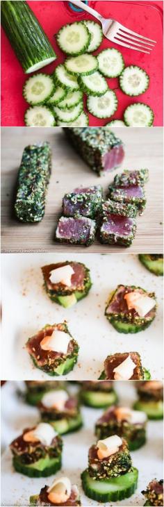 
                    
                        Spicy Tuna Avocado Cucumber Appetizers with Pickled Ginger ~ these little bites are amazing! jeanetteshealthyl...
                    
                