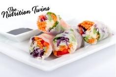 Salmon and Asparagus Spring Rolls | Light, Healthy & Refreshing | Scrumptious Dipping Sauce| Mix & Match veggies/salmon with what you have on hand |  For MORE RECIPES like this please sign up for our FREE NEWSLETTER www.NutritionTwins.com