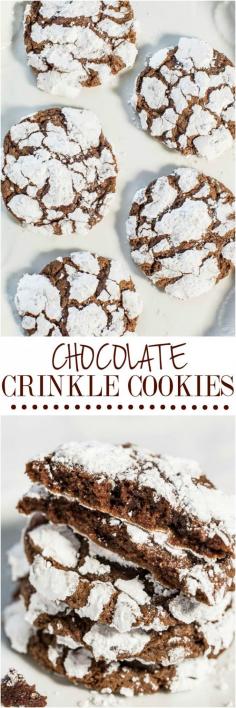 
                    
                        Chocolate Crinkle Cookies - Soft, ultra fudgy and there's NO butter and NO mixer needed! So easy and the crinkles make them irresistible!! Break them apart at the crinkly seams and start nibbling!!
                    
                