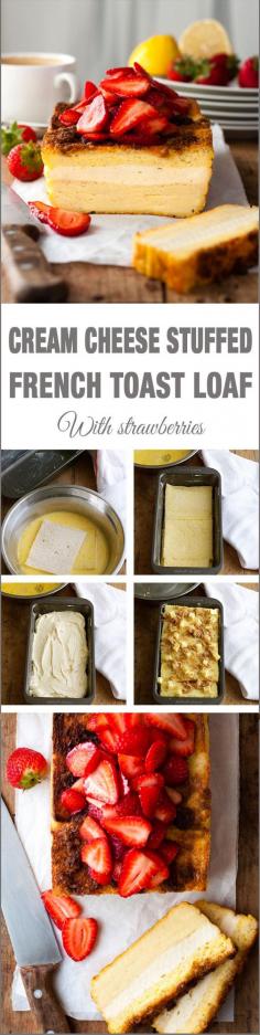 
                    
                        Cream Cheese Stuffed French Toast Loaf - a baked french toast with a cheesecake filling and a buttery, crunchy top piled high with strawberries. Made with plain sandwich bread, so easy and fast!
                    
                