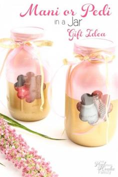 
                    
                        These will make great Mother's Day gifts or great gift ideas for teachers or just because. The Mason jars are so pretty and filled to create a Manicure or a Pedicure in a jar... our nails will love this gift idea.
                    
                