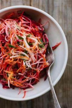 A Winter ‘Slaw as light as summer. Made with celeriac + beet salad with lemon, chilli + mint.
