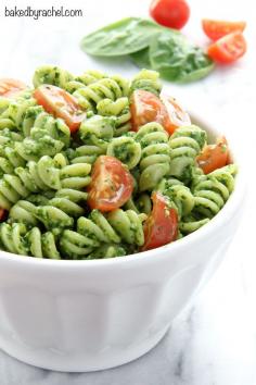 Easy Spinach Pesto Pasta Salad from @bakedbyrachel