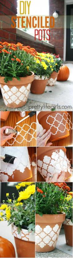 
                    
                        Learn how to stencil these pretty distressed pots for fall - they look perfect on your porch, planted with colorful mums.
                    
                