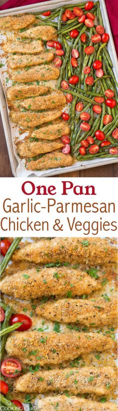 
                    
                        One Pan Roasted Garlic-Parmesan Chicken Tenders and Green Beans with Fresh Grape Tomatoes - this chicken is so good! I loved that everything was baked together on one sheet pan!
                    
                