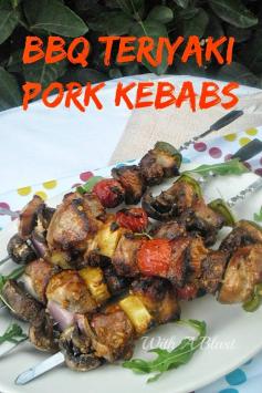 BBQ Teriyaki Pork Kebabs ~ Marinated, Tender Pork with veggies etc, brushed with a tangy basting sauce and grilled to perfection #BBQ PorkKebabs #KebabRecipe #Marinade
