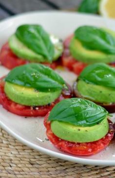 Heirloom Tomato Avocado Caprese Salad Stacks.