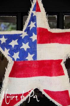 American flag painted burlap star door hanger: tutorial at www.maisondepax.com