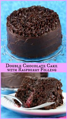 
                    
                        Double Chocolate Cake with Raspberry Filling ... oh, and covered with a thick layer of chocolate ganache frosting.  A chocolate-lovers cake #recipe for sure! - via RecipeGirl.com
                    
                