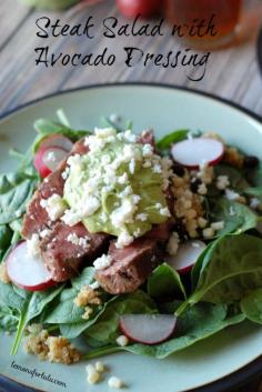 
                    
                        Pan seared steak rests on a spinach salad loaded with goodness! A simple avocado dressing finishes it all off! www.lemonsforlulu...
                    
                