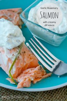 
                    
                        Garlic Rosemary Salmon with Creamy Dill Sauce: A creamy saucec that perfectly compliments the delightful salmon! - Eazy Peazy Mealz
                    
                