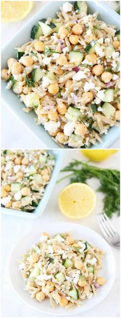 
                    
                        Orzo Salad with Chickpeas, Cucumbers, Lemon, Dill, and Feta on twopeasandtheirpo... This salad is perfect for spring and summer!
                    
                