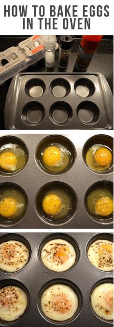 how to bake eggs in the oven All you have to do is set your oven to 350F, grease a muffin tin with non stick cooking spray, and crack your eggs into the tin. Then add some flavor with a little shake of salt and pepper. Bake for about 17 minutes and viola. Works even better with egg whites (I buy the carton at the store and use that)