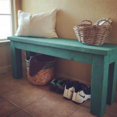 
                    
                        Simple 2x4 DIY entryway bench with custom mixed Annie Sloan chalk paint finish.  This is a simple project and is open underneath for baskets or crates for storing shoes and other items.
                    
                