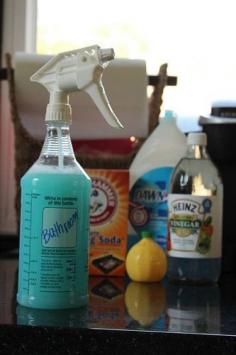 All-In-One Magic Bathroom Cleaner What you need: -1 Professional Spray Bottle (it is worth the extra $1, trust me!) -8 oz. Distilled White Vinegar -4 oz. Lemon Juice -2 oz. Liquid Soap (I use Dawn) - -10 oz water, 2 tsp baking soda.  To Mix: Put all ingredients in a bowl and mix before putting into a spray bottle. It will explode if not mixed before hand out of the spray bottle. FINALLY found something to clean my stainless steel sink!! Works fine without the lemon juice.