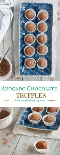 
                    
                        Creamy 3 ingredient chocolate truffles are made healthier with a secret ingredient - avocado! You can't taste it, but will reap all the health benefits. - Feasting Not Fasting
                    
                