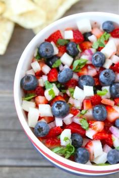 
                    
                        Blueberry, Strawberry and Jicama Salsa Recipe on twopeasandtheirpo.... Love this red, white, and blue salsa!
                    
                