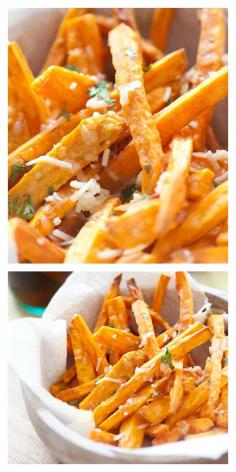 
                    
                        Parmesan Sweet Potato Fries. So easy to make and 3 ingredients. Cheesy, crispy, and a perfect side dish. rasamalaysia.com
                    
                