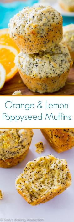 Orange Lemon Poppy Seed Muffins 2 and 1/2 cups (315g) all-purpose flour 1/2 cup (100g) granulated sugar 1/4 cup (50g) light brown sugar 3 Tablespoons poppy seeds 2 teaspoons baking powder 1/4 teaspoon baking soda 1/2 teaspoon salt 1/2 cup (115g) salted butter, melted* juice and zest of 2 medium lemons* juice and zest of 1 orange* 2 large eggs 1/2 cup (120g) non-fat or low-fat Greek or regular yogurt 1 teaspoon vanilla extract coarse sugar, for sprinkling
