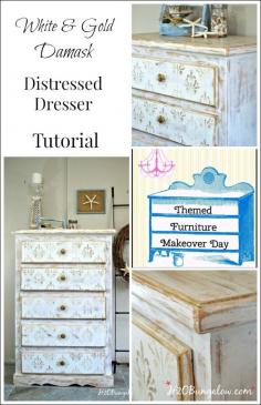 
                    
                        This white and gold distressed damask dresser has a subtle vintage look was easy to make. I share my simple tutorial to copy this look on any wood surface.
                    
                