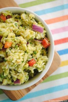 Guacamole Rice #recipe: a dip and side dish using ripe avocados, jalapeño peppers, fresh cilantro, a dash of cayenne, and white rice
