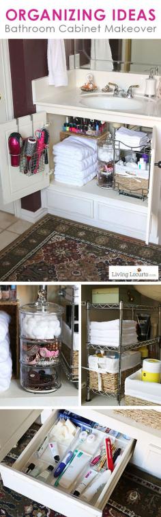 
                    
                        Great Organizing Ideas for your Bathroom! Cabinet Bathroom Organization Makeover - Before and After photos. LivingLocurto.com
                    
                