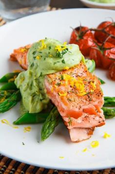 
                    
                        Seared Salmon in Dill Avodaise (Avocado Hollandaise) Sauce
                    
                