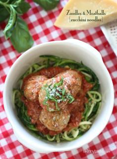 Zoodles and Meatballs (zucchini noodles) - crock pot turkey meatballs over low-carb zucchini noodles! #cleaneats #Savory| http://savoryirving.blogspot.com