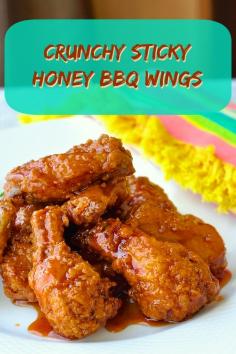 Crunchy Sticky Honey Barbeque Wings - double dipped fried wings means they are super crunchy. They then get tossed in a sweet, spicy, sticky barbeque sauce;  everything you could want in one fantastic wing recipe.  http://bit.ly/1kBXCWK