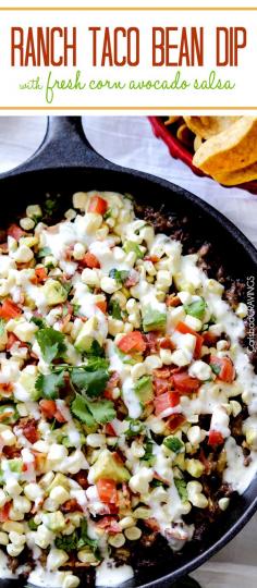 
                    
                        My absolute favorite dip! everyone always asks me for the recipe. Creamy bean dip layered with cheese, ranch spiced beef, more cheese and refreshing fresh corn, avocado salsa. #beandip #tacodip #Mexican
                    
                