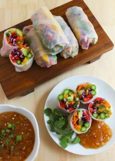 
                    
                        Rainbow Veggie Spring Rolls with Sweet & Sour Dipping Sauce. Sub maple syrup or agave for the honey
                    
                