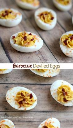 Barbeque Deviled Eggs!  Slightly sweet and tangy BBQ sauce is a tasty addition to deviled eggs!