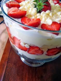 Best Desserts | Strawberry White Chocolate Trifle ... Decadent layers of pound cake, cream cheese mousse, whipped cream, strawberries and white chocolate chips... #holiday favorite #recipe