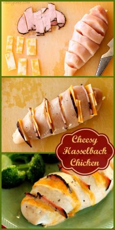 Cheesy Hasselback Chicken - Don't miss this easy, elegant, delicious chicken dish ready in 30 minutes! Making this on the low carb portion of HCG