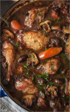 
                    
                        Warm and comforting chicken braised in red wine-the best of French country cooking!
                    
                