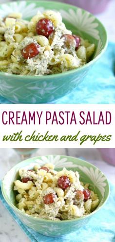 
                    
                        This is not your ordinary pasta salad! Chicken, pasta, and sweet grapes contrast with the creamy avocado dill sauce. Always a big hit at parties! #chicken
                    
                
